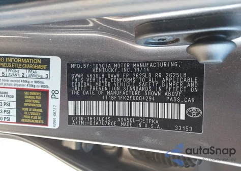2015 Toyota Camry Xse from USA, damaged, VIN 4T1BF1FK2FU004294